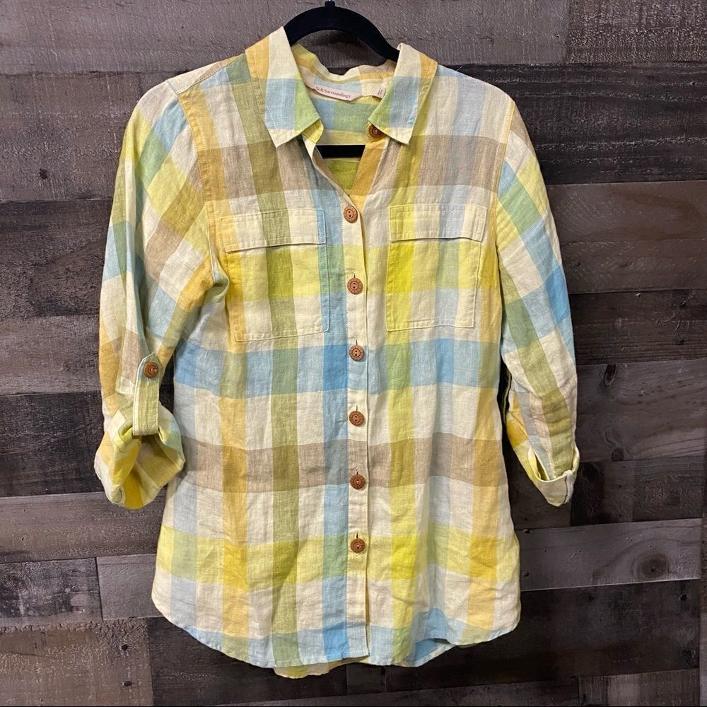 Soft Surroundings Avalon Plaid Linen Shirt Size XS
